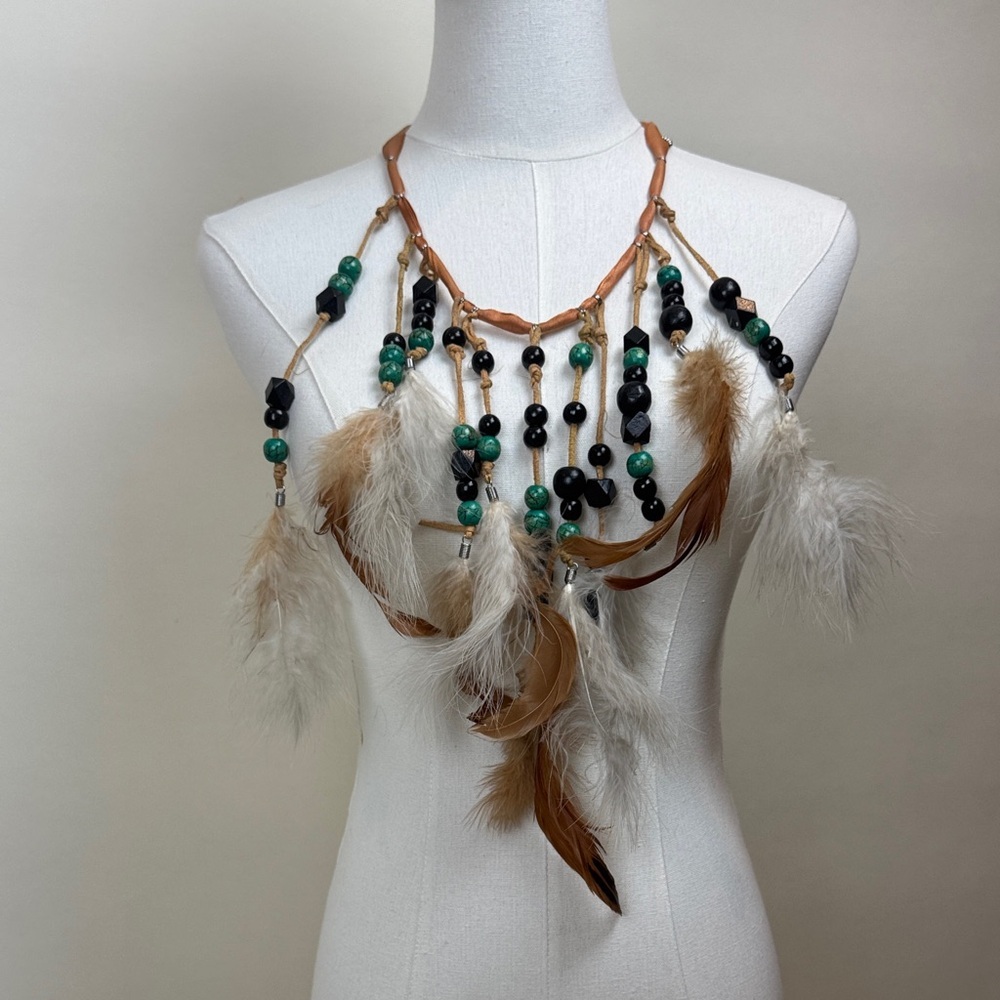 Y2K Bohemian Feather and Geometric Bead Statement Necklace